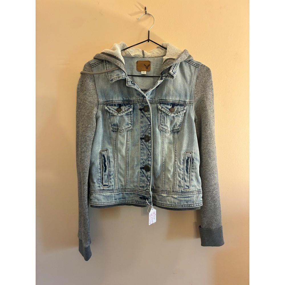 American Eagle Layered Denim Jacket Hoodie Streetwear Casual S Blue Gray